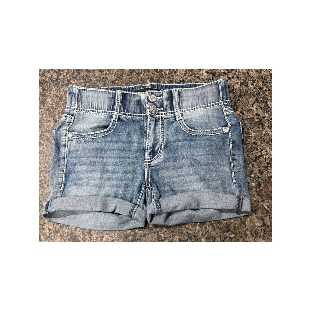 Miss Me Girls Double Button Rhinestone Paisley‎ Pocket Denim Shorts Medium Wash